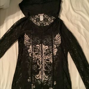 Womens long sleeve black lace hooded top